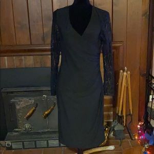 Black faux wrap dress w/lace sleeves NWOT